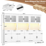 94.5" Wide Kitchen Pantry Cabinet with 3 Power Outlets & LED Light, 71" Tall Large Kitchen Hutch with Countertop, DIY Pegboard with 18 Hooks & 6 Drawers, Farmhouse Food Pantry