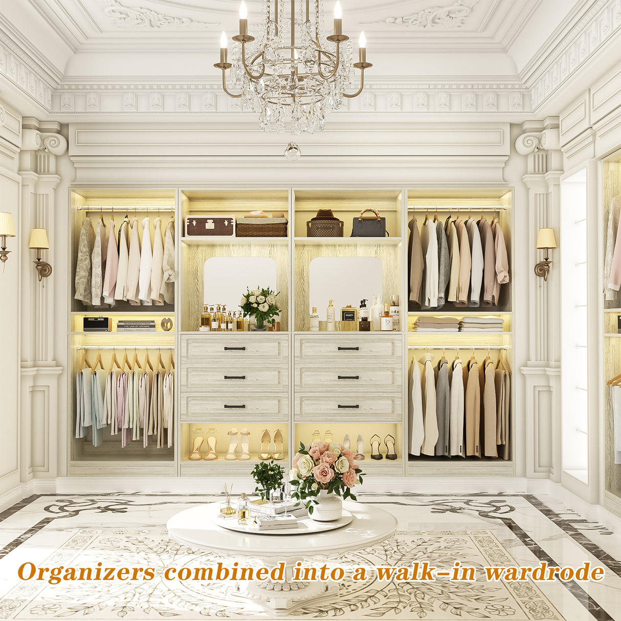 Closet System with Drawers, 100” Wood Closet Organizer with Hanging Rods and Mirror