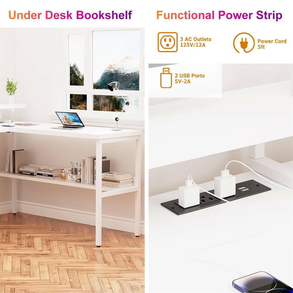 Unikito Customizable U Shaped Computer Desk with Adjustable Monitor Stand, Reversible L Shaped Gaming Desk with Power Outlet and Smart LED Light, Sturdy Office Desk with Storage Shelves