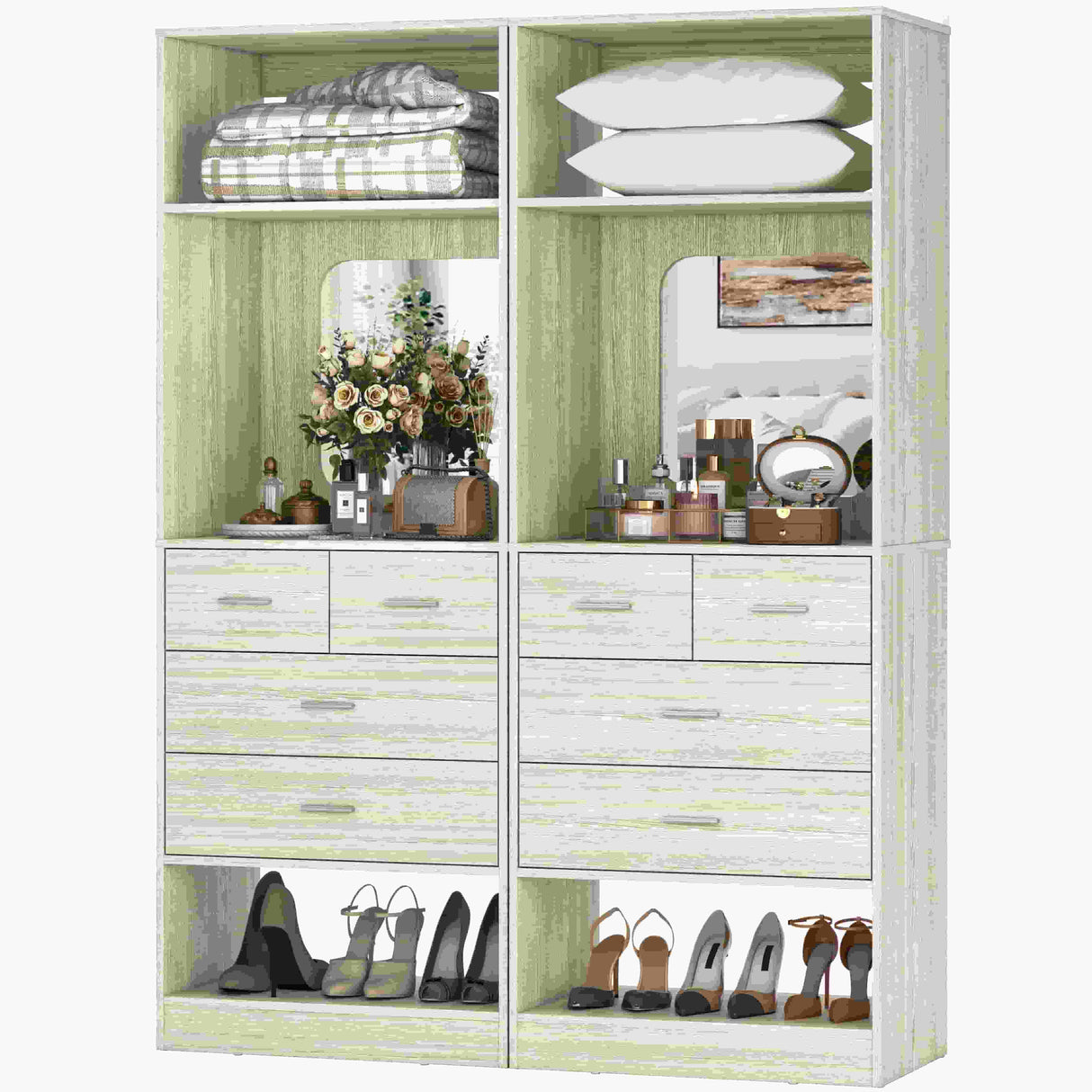 50 Inch Closet System with Drawers, 4FT Wood Closets Organizer with Mirror Design