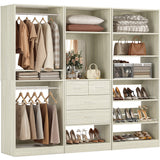 75" Closet Organizer System with Mirror, Wood Closets Organizer with Hanging Rods and Drawers